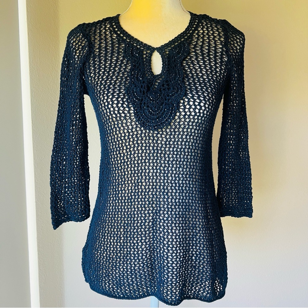 Tommy Bahama Navy Crochet Knit Top